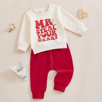 Frietlebird Newborn Boy Valentines Day Outfit Baby Letter Print Crewneck Sweatshirt With Pants Cute Winter Spring Clothes Outfit