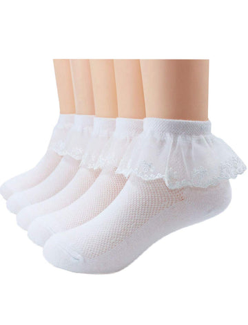 5 Pack Of Girls White Lace Ruffle Socks Cotton Baby(0M-10Y) Small Fits 1-2 Toddler