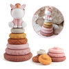 Nueplay 7 Pcs Stacking & Nesting Baby Toys, Squeeze Teething Toys and Building Circle with Pink Horse Figure, Newborn Essentials