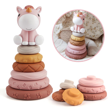 Nueplay 7 Pcs Stacking & Nesting Baby Toys, Squeeze Teething Toys and Building Circle with Pink Horse Figure, Newborn Essentials