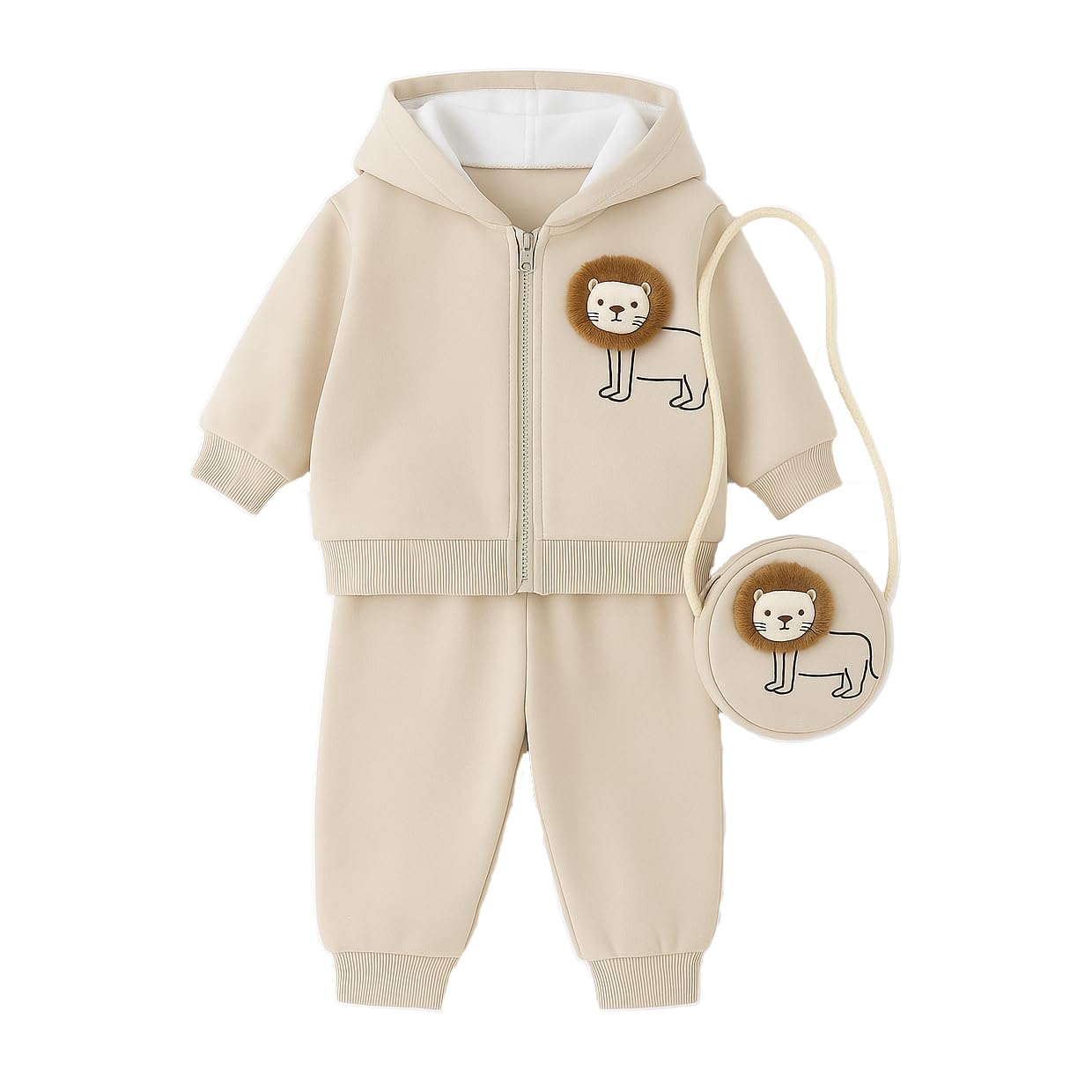 Bold N Elegant Kids Hoodie Jogger & Sling Bag Set | Stylish Winter Party Cute Lion Design CoOrd Set With Bag For Infant Toddler