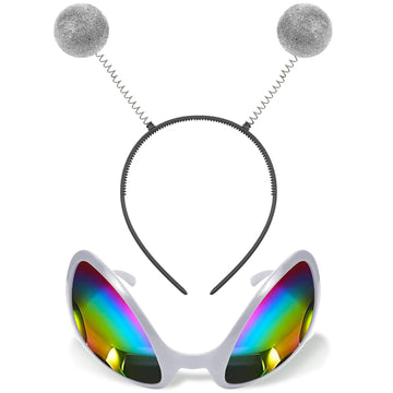 Silver Alien Headband Alien Glasses Set Boppers Antenna Headband Rainbow Lens Sunglasses For Alien Theme Halloween Cosplay Party