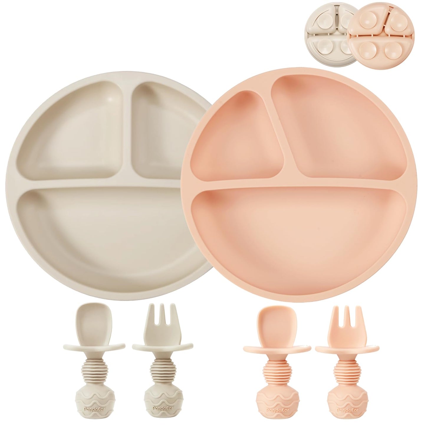 PandaEar 2 Pack Silicone Divided Suction Plates with 2 Spoons 2 Forks for Babies & Toddlers | Baby Led Weaning Supplies Self Fee