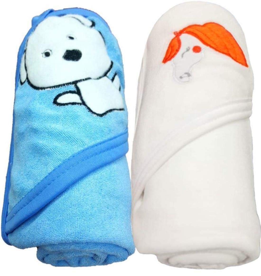 BRANDONN Baby Boys and Girls Terry Cotton Baby Bath Towel Cum Baby Wrapper Towel (White, Blue, 02 Years)  Combo of 2