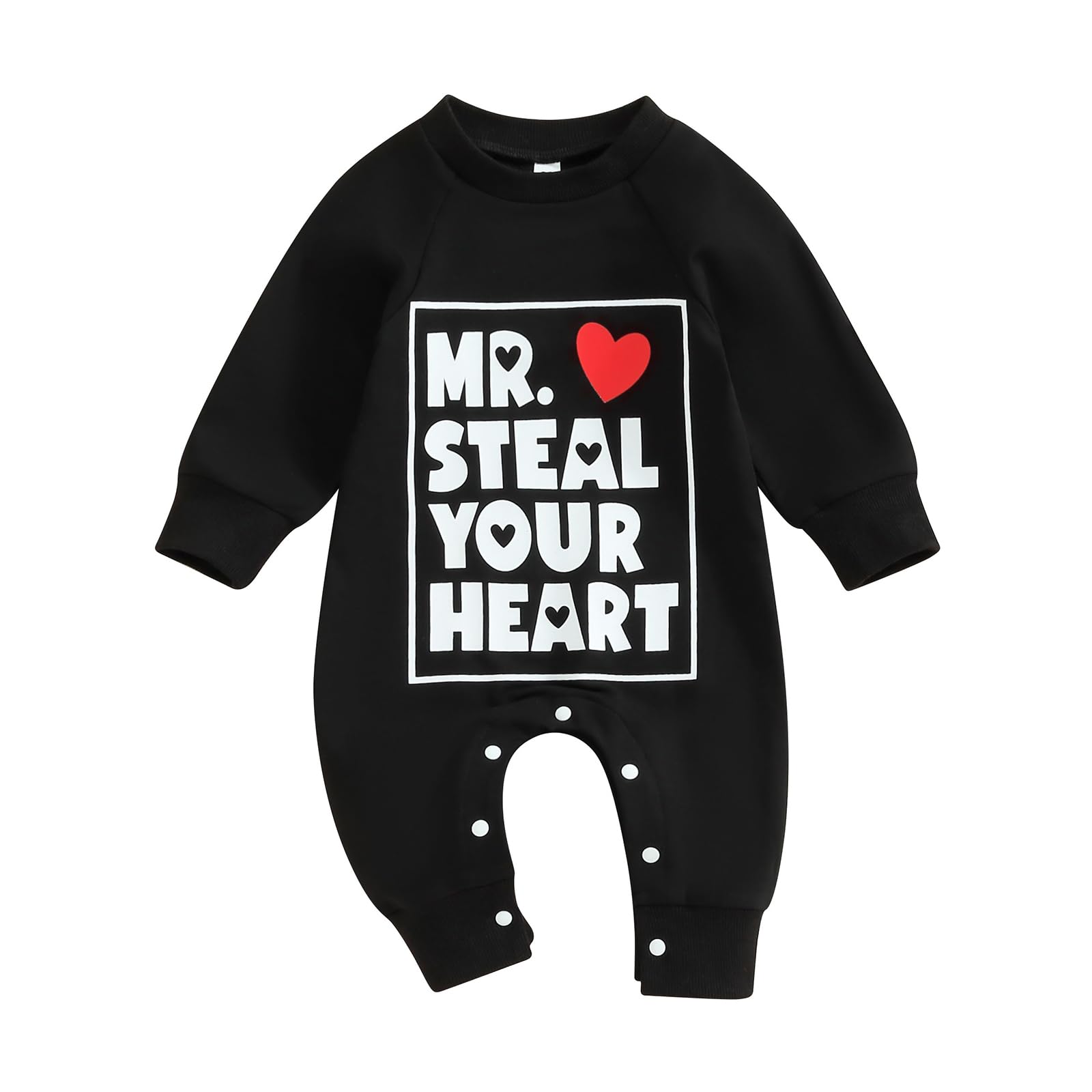 Twopumpkin Newborn First Valentines Outfit Baby Girl Boy Mr Steal Your Heart Long Sleeve Romper Jumpsuit Valentines Clothes (Bla