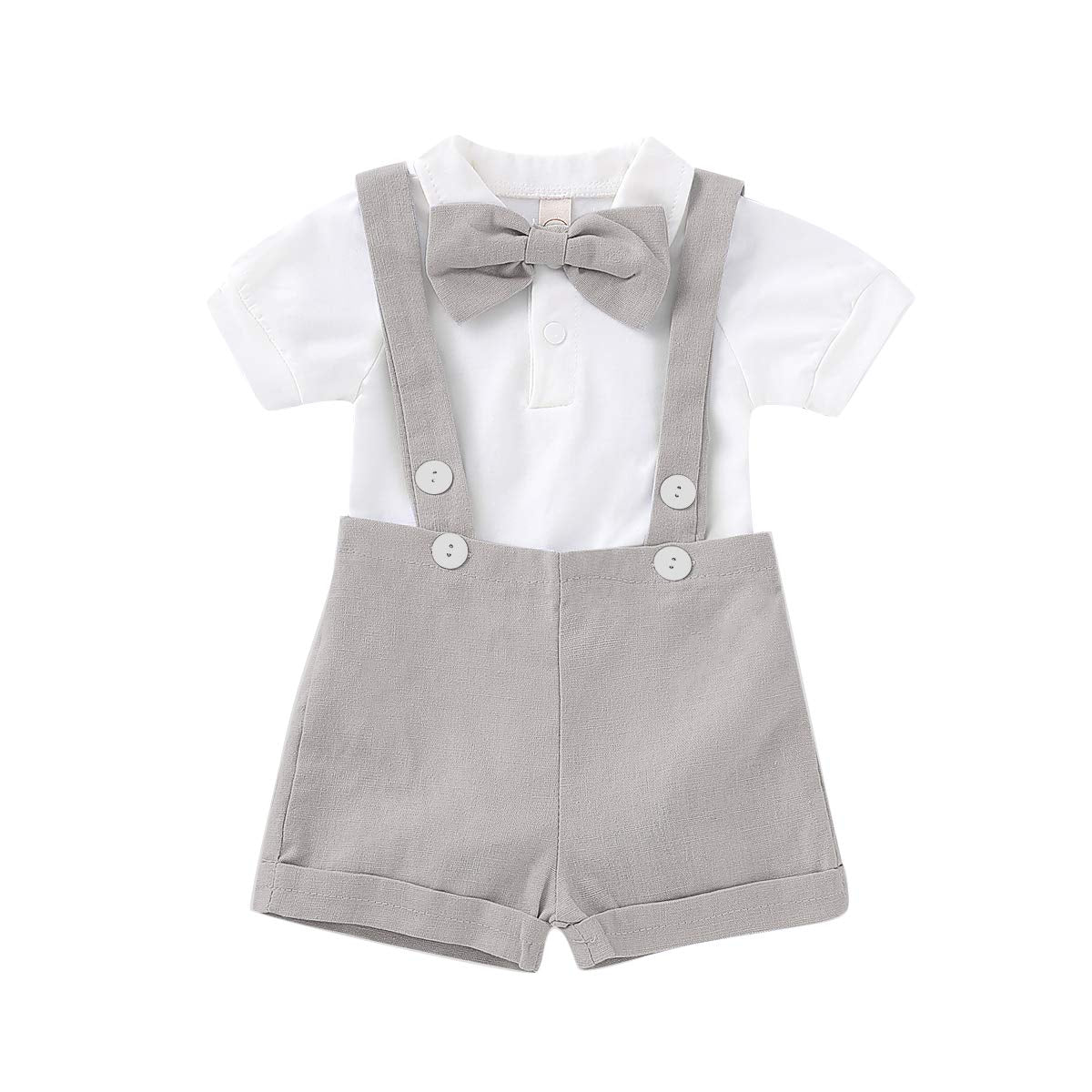 Rushaibar Baby Boys Formal Outfits Suit Set Romper Suspenders Shorts Pants Bowtie Wedding Tuxedo Cake Smash Clothes Grey 0-6 Mon