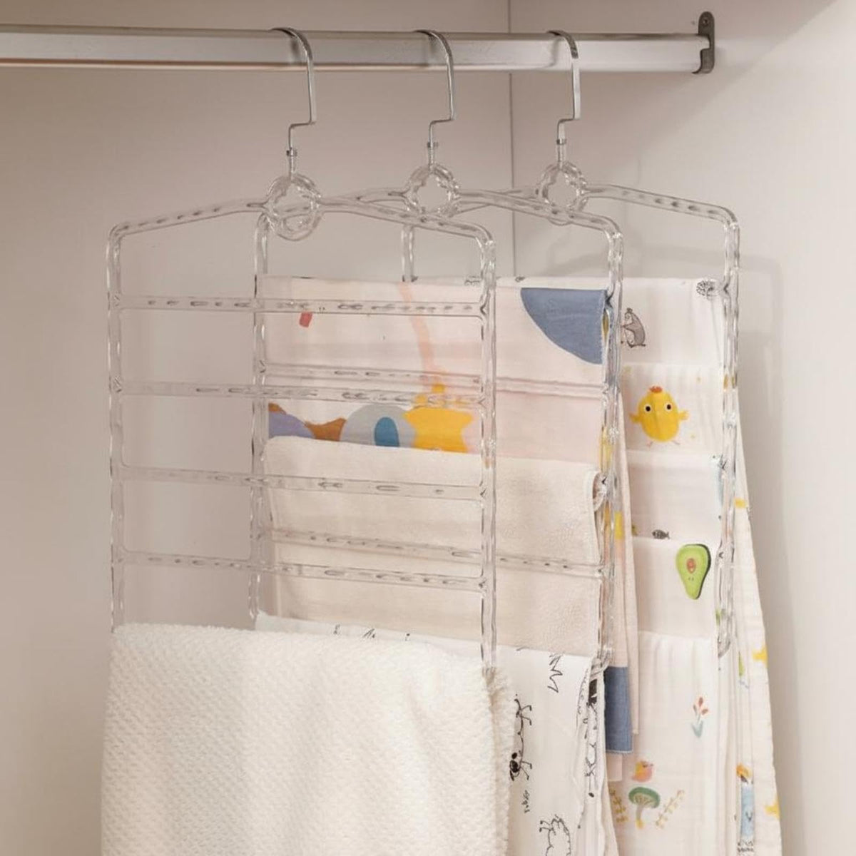 HEAVENGLOW Infant Clothes Hanger, MultiPurpose Organizer, QuickDry, Newborn Bath Towel Trans 5Layer 3Pack
