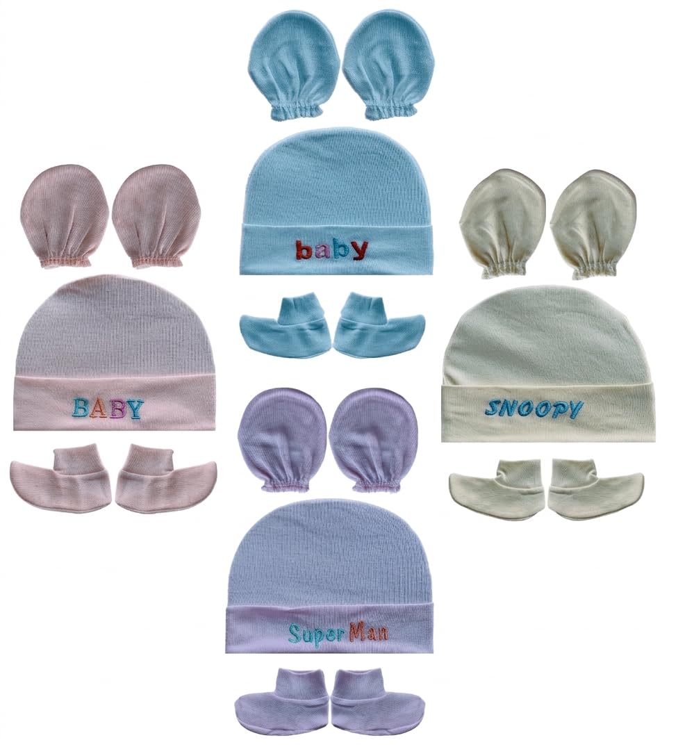 Wavva Cotton Plain Cap. Mittens And Booty Combo For 06 Months Boys And Girls | Unisex Booty Set | Gift For New Born Baby | (Mul