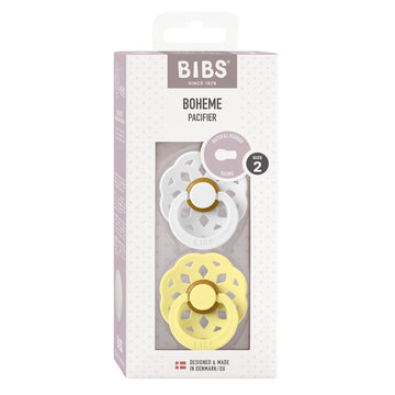 Bibs Boheme Pacifiers 2 Pack Bpa Free Cherry Shape Nipple | White/Sunshine | Size 6-18 Months