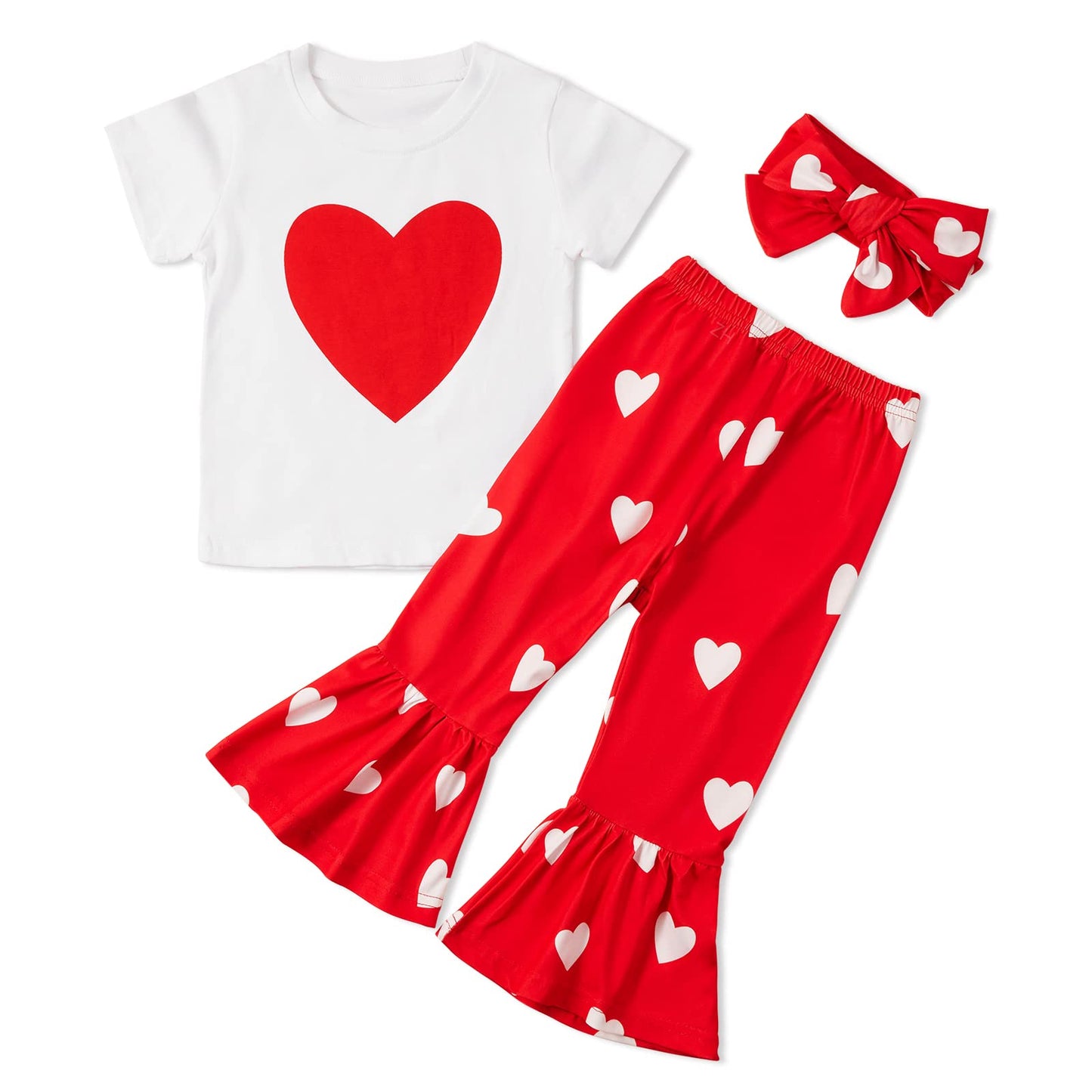 Ninobebe Toddler Girl Valentines Day Outfit Love Heart T-Shirt Bell Bottom Pants Headband 3Pcs Summer Clothes Set 4-5T
