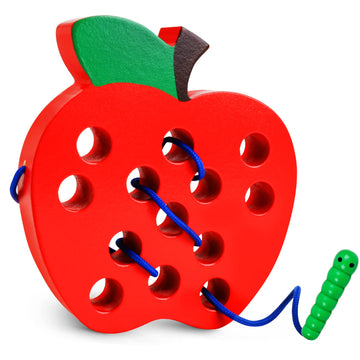 Lacing Toys for Toddlers - Wooden Lacing Apple Threading Toy, Shape Puzzle Fun Travel Game for Montessori Early Learning of Fine
