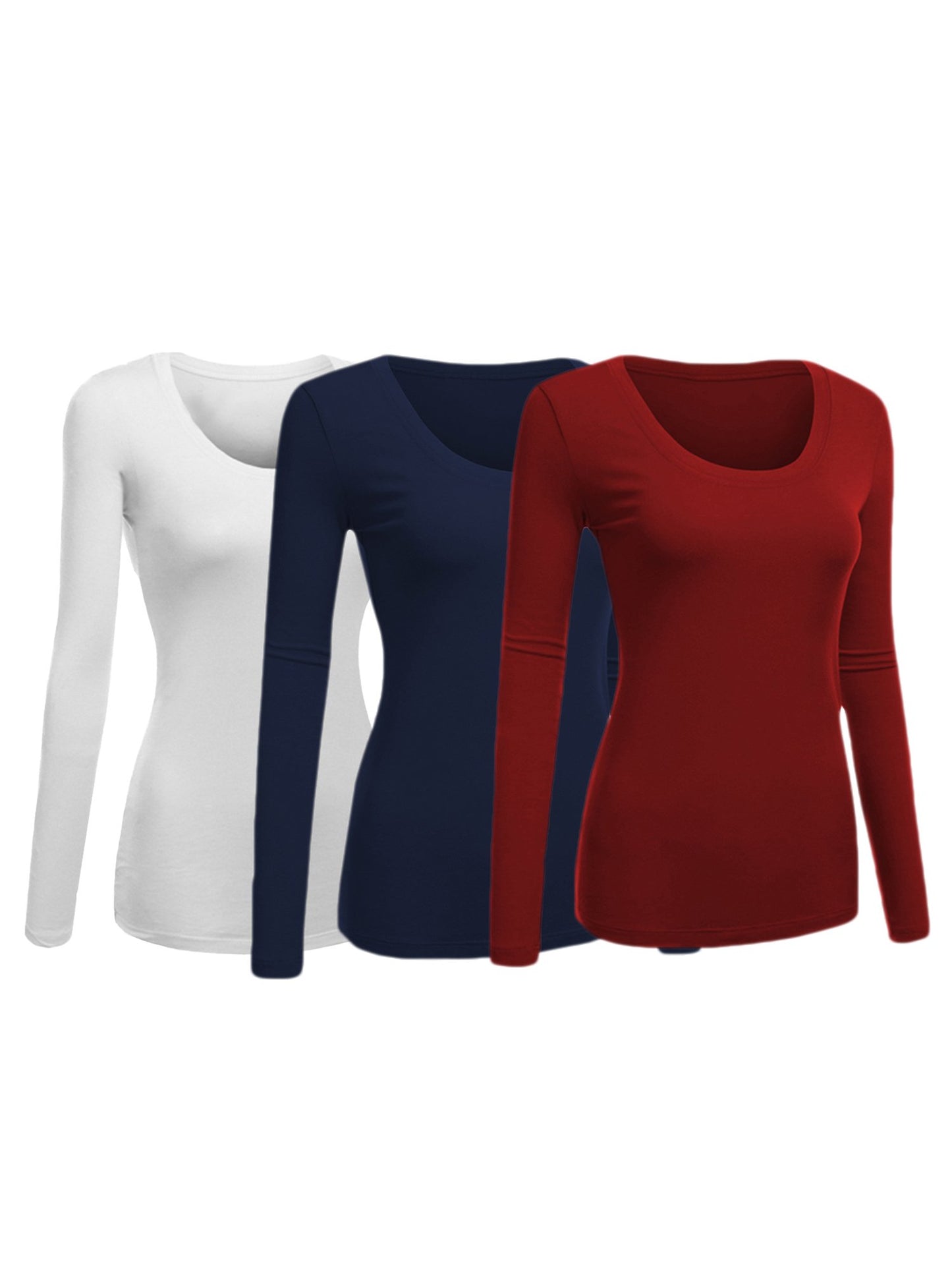 Emmalise Womens Junior And Plus Size Basic Scoop Neck Tshirt Long Sleeve Tee, 1Xl, 3Pk White, Navy, Burgundy