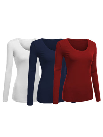 Emmalise Womens Junior And Plus Size Basic Scoop Neck Tshirt Long Sleeve Tee, 1Xl, 3Pk White, Navy, Burgundy