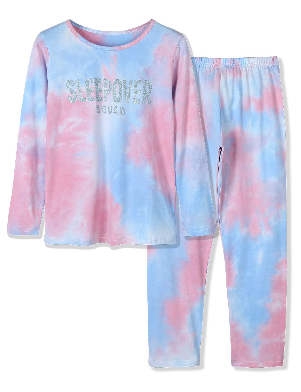 Tebbis Trendy Tie Dye Sleepover Pajamas for Girls 100% Cotton Soft Avocado/Caticorn Cat Donut PJ Set Size 618, Sleepover Squad