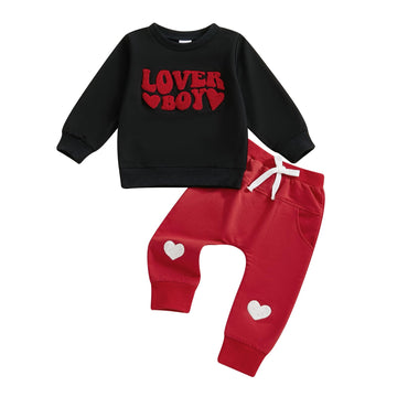 Lagkiyoj Toddler Baby Girl Boy Valentines Outfit Love Heart Long Sleeve Sweatshirt Pullover Tops Jogger Pants Clothes (Black Lov