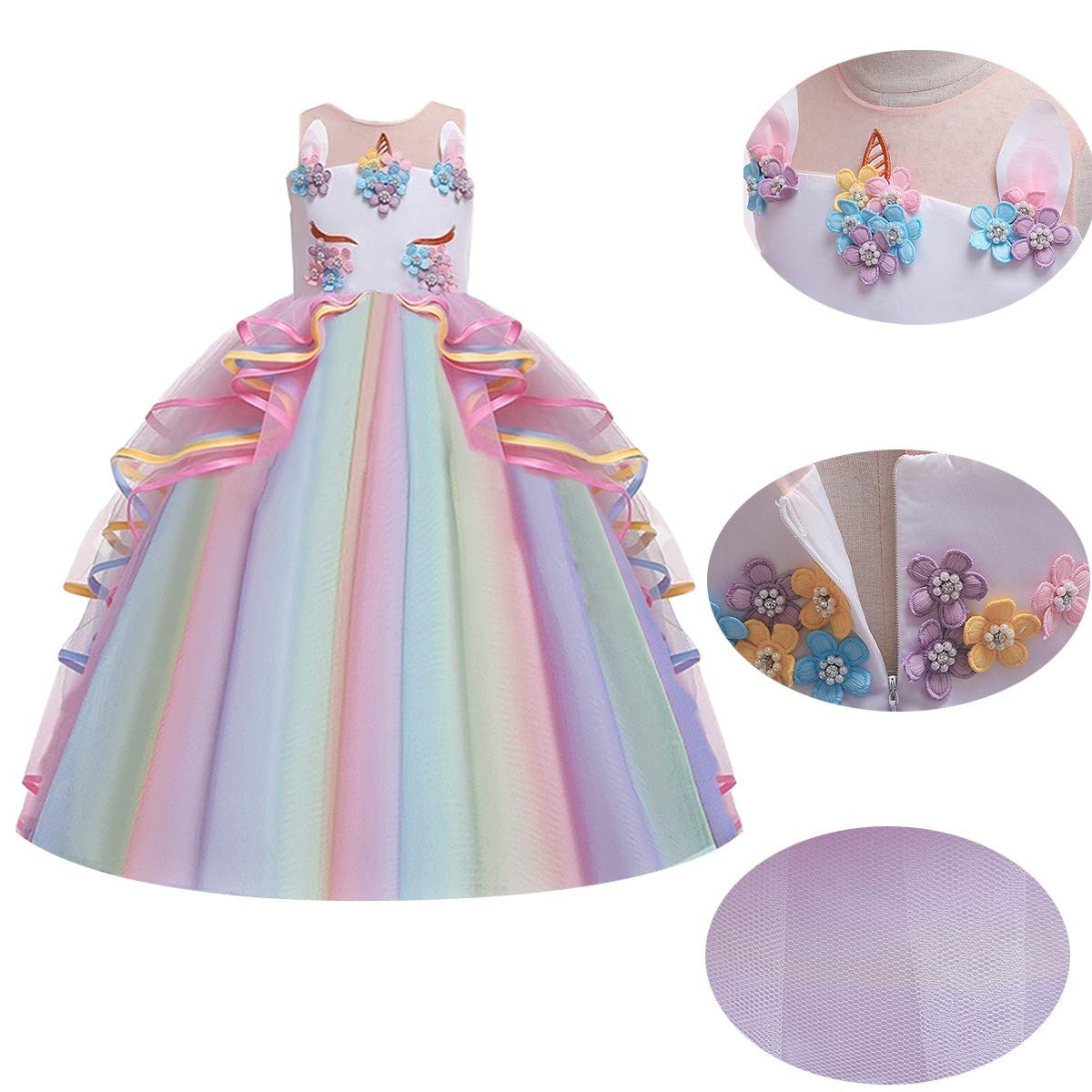 Myrisam Unicorn Costume Princess Birthday Pageant Party Dance Performance Carnival Long Maxi Tulle Fancy Dress Up Outfits Multic