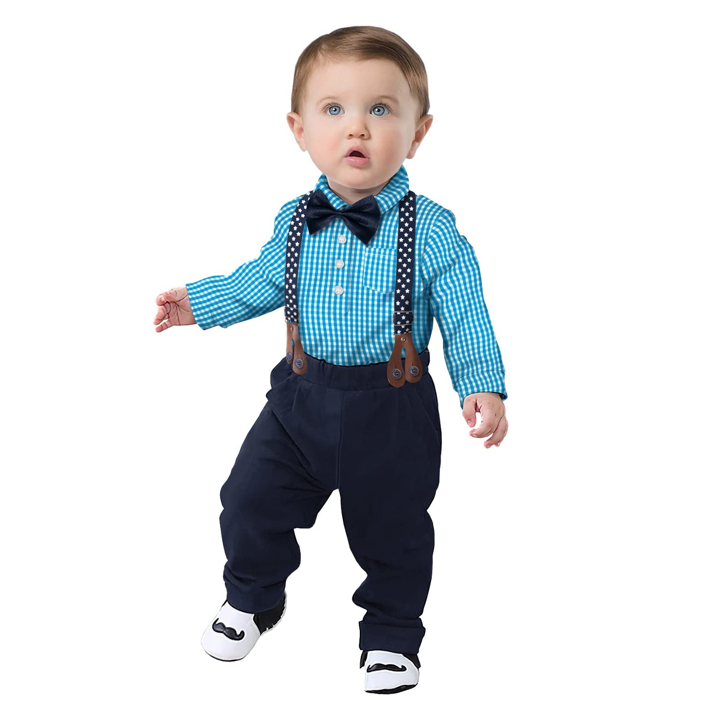 Yilaku Baby Boys Clothes Toddlers Dress Outfits Cotton Shirt + Bow Tie + Suspender Pants 4 Piece Infant Gentleman Suits (3-6 Mon