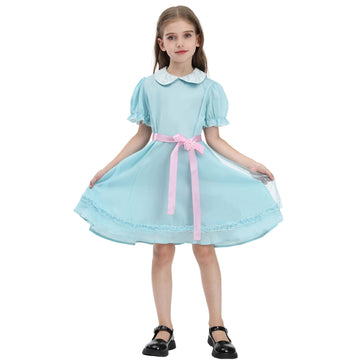 Cr Rolecos The Grady Twins Costume For Kids Girls Blue Creepy Sister Scary Doll Dress Halloween Party A150