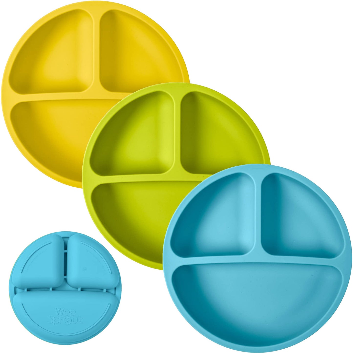 WeeSprout Silicone Plates for Babies & Toddlers (3 Pack) 100% Food-Grade Dishes for Self Feeding, Divided Design & Raised Edges 