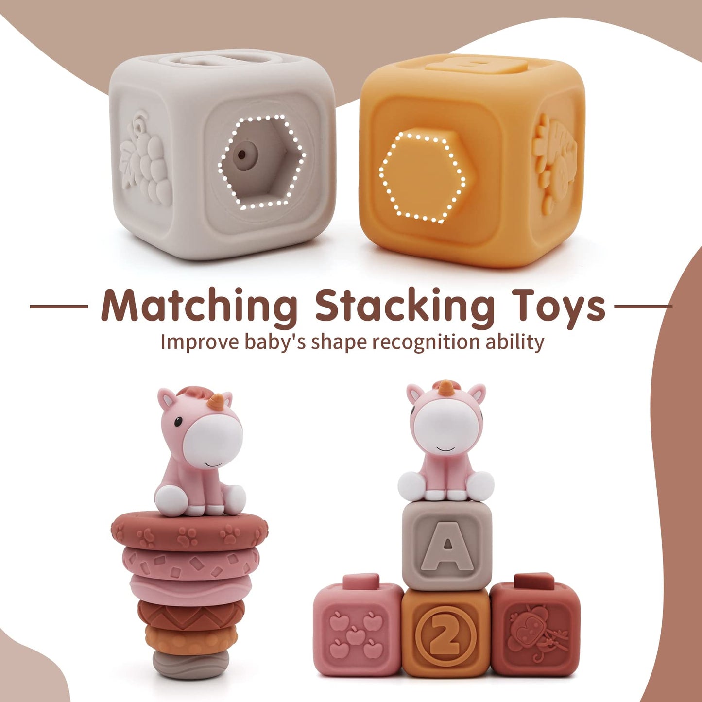 Nueplay 13 Pcs Building Circle & Blocks, Stacking & Nesting Baby Toys with Horse Figure, Newborn Essentials Squeeze Teething Toy
