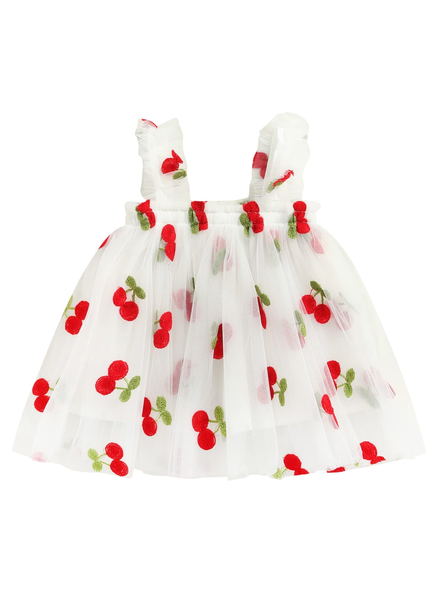 Infant Toddler Baby Girl Summer Dress Sleeveless Floral Fruit Butterfly Casual Mesh Tutu Puff Dress (White Cherry, 3-4 Years)