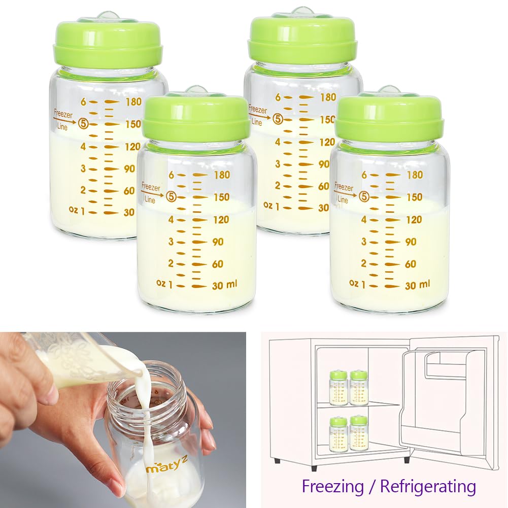 Matyz Glass Breastmilk Storage Bottles, 4-Pack (Green, 6Oz Each), Wide Mouth Food-Grade Borosilicate, Leakproof For Spectra Mede