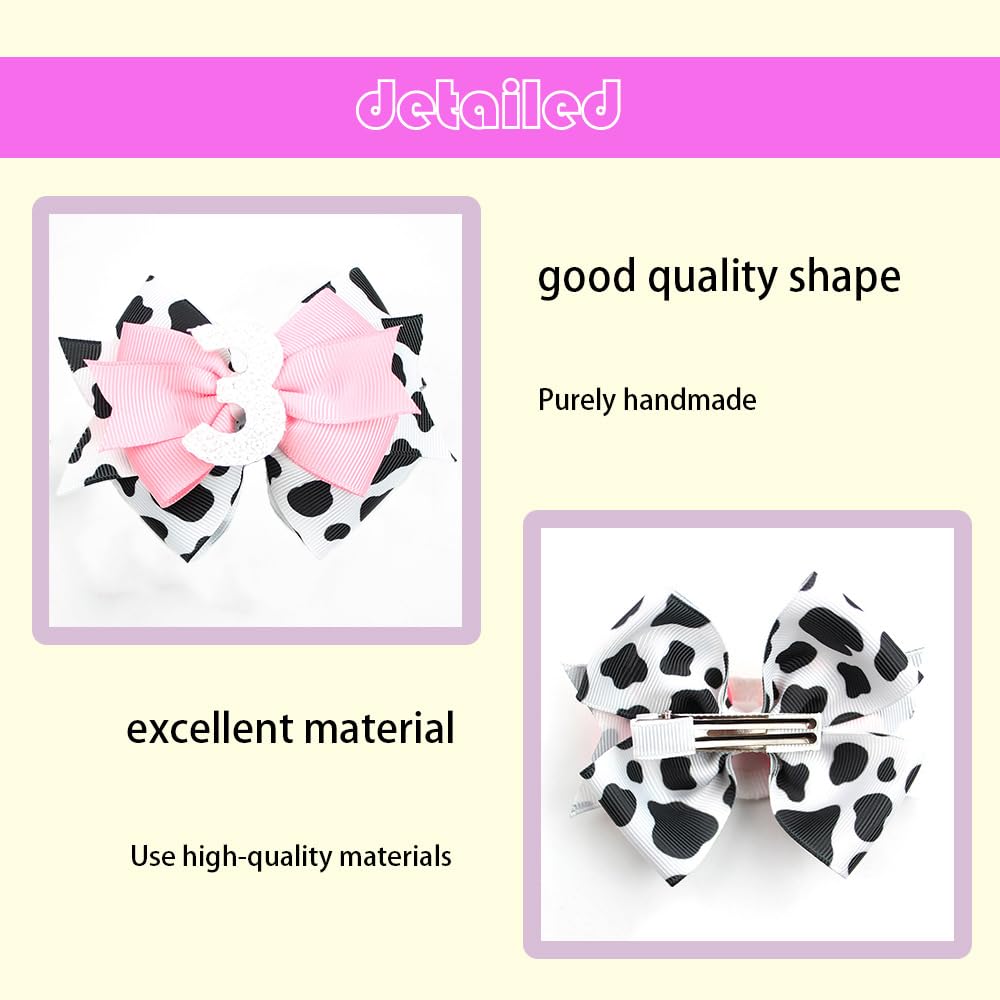 Birthday Hair Clips For Baby Girls - 2Pc Cow Print Bow With White Number Hair Clips For 3Rd Birthday Baby Bow Party Decorations