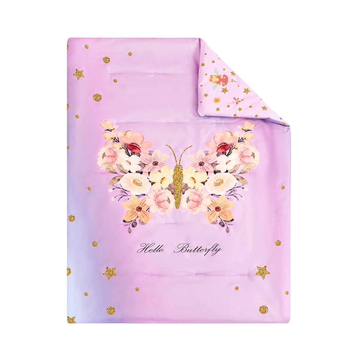 Perfemet Pink Girls Toddler Bedding Set 4 Piece Floral Butterfly Printed Toddler Comforter Set With Sheets Soft Lightweight Tie