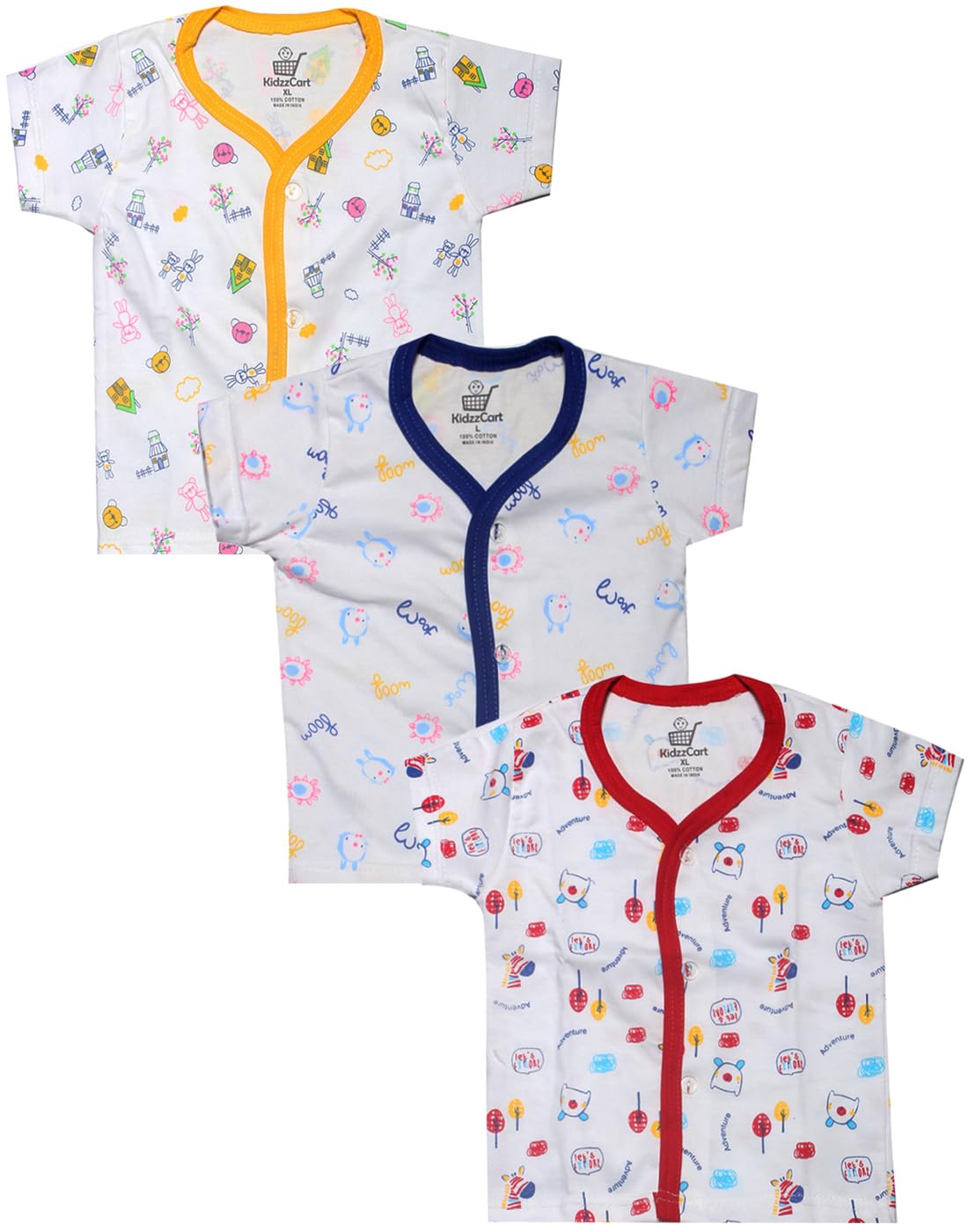 Kidzzcart Baby Boys And Baby Girls Pure Cotton Front Open TShirt Half Sleeves Pack Of 3 (612 Months) Multicolour