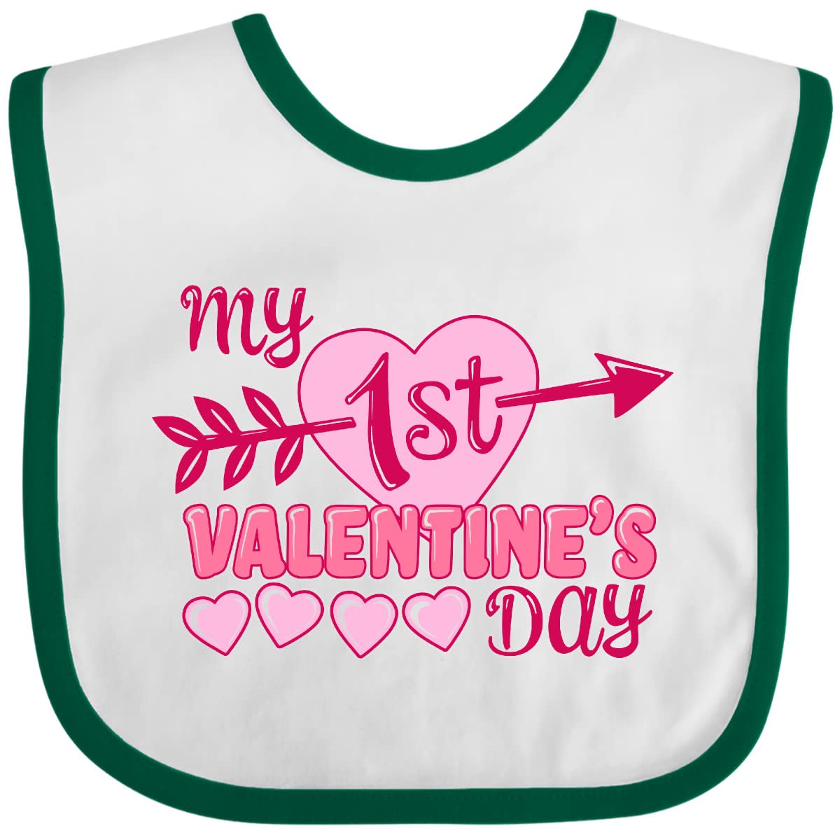 Inktastic My First Valentine 'S Day With Pink Heart And Arrow Baby Bib White And Green 39970