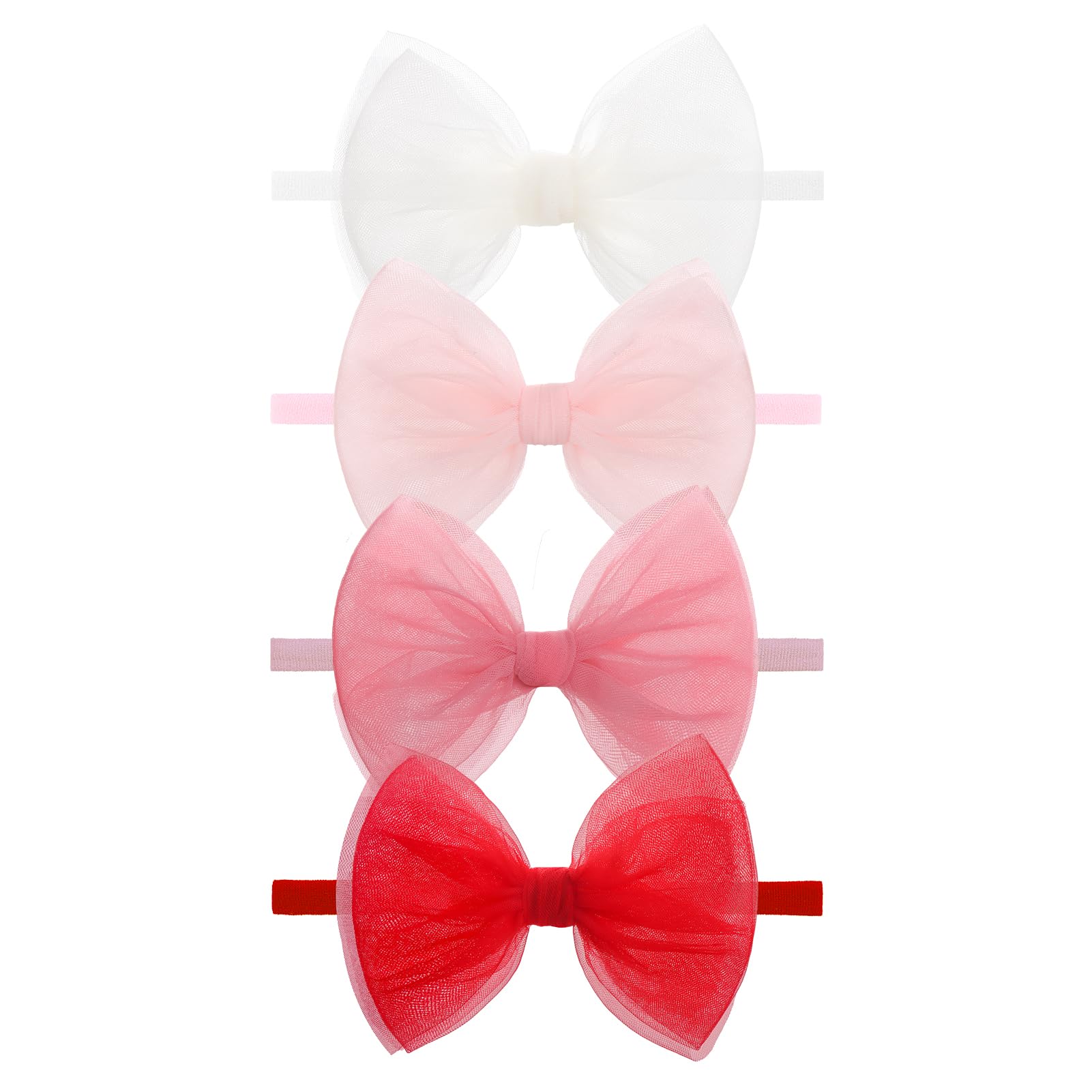 ONENINEDREAM 4 Pcs 4.5 Organza Lace Bow for Baby Girls White Headbands Pink Mesh Hair Bows Baby Shower Gifts for Newborn Infant 