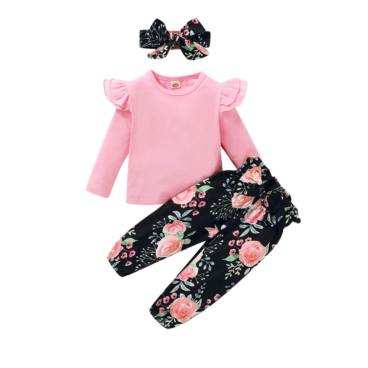 Yallet 3Pcs Toddler Girl Clothes,Solid Color Long Sleeves Ruffle Top+ Floral Pant +Floral Headband