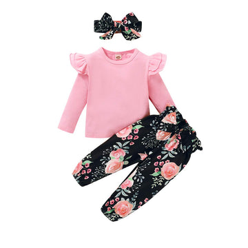 Yallet 3Pcs Toddler Girl Clothes,Solid Color Long Sleeves Ruffle Top+ Floral Pant +Floral Headband