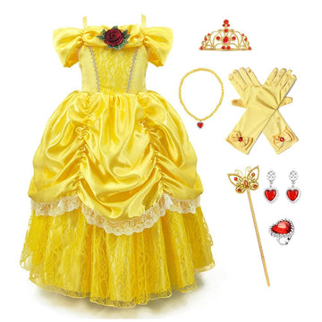 Fmyfwy Girls Belle Princess Rose Dress Beauty And Beast Costume Halloween Christmas Wedding Birthday Gown W/Accessories 12-13T