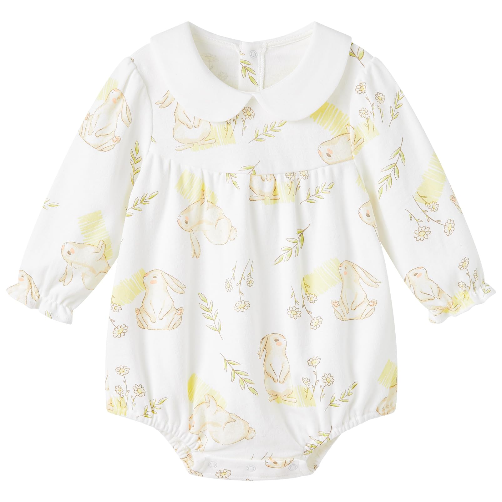 Pureborn Baby Girls Bodysuit Peter Pan Collar Bubble Romper Easter Long Sleeve One-Piece Cotton Outfit Field Rabbit 3-6 Months