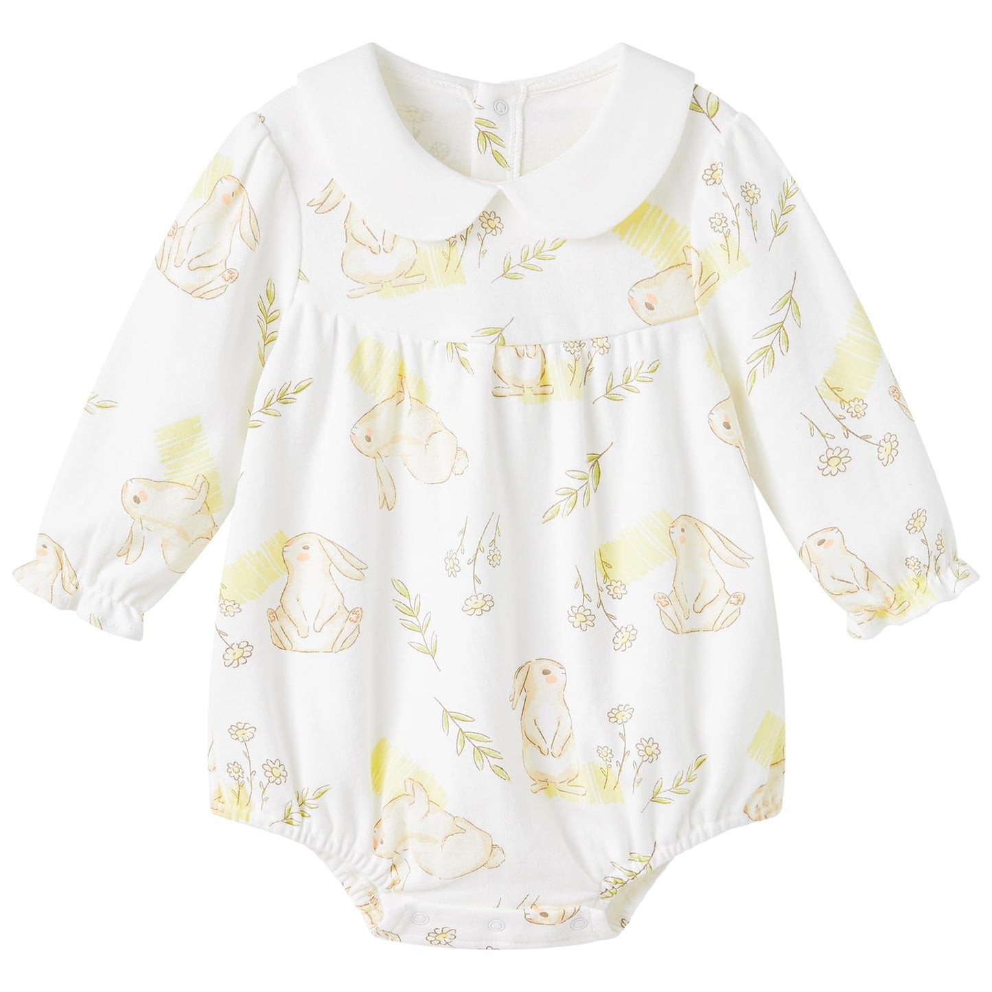 Pureborn Baby Girls Bodysuit Peter Pan Collar Bubble Romper Easter Long Sleeve One-Piece Cotton Outfit Field Rabbit 12-18 Months