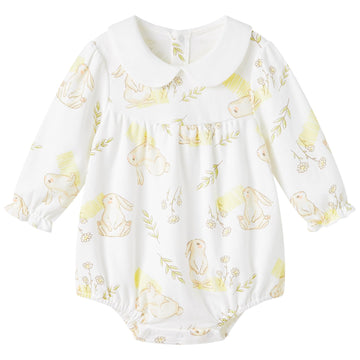 Pureborn Baby Girls Bodysuit Peter Pan Collar Bubble Romper Easter Long Sleeve One-Piece Cotton Outfit Field Rabbit 6-9 Months