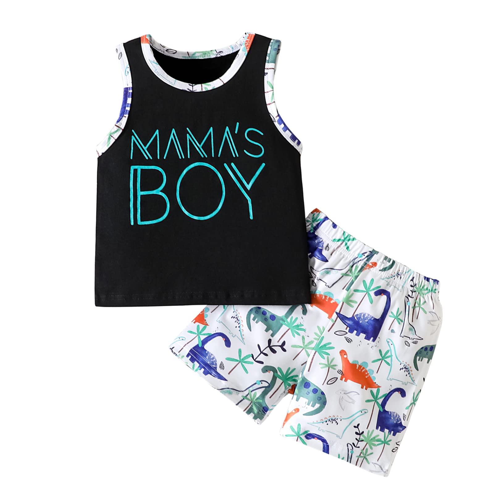 Unikaka Toddler Baby Boys Outfits 12-18 Months Sets Letters Print Sleeveless Tank Tops T-Shirt Dinosaur Shorts Summer 2Pcs Outfi