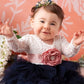 2Bunnies Girl Peony Lace Back A-Line Tiered Tutu Tulle Flower Girl Dress (Navy Sleeve Short, 6M)