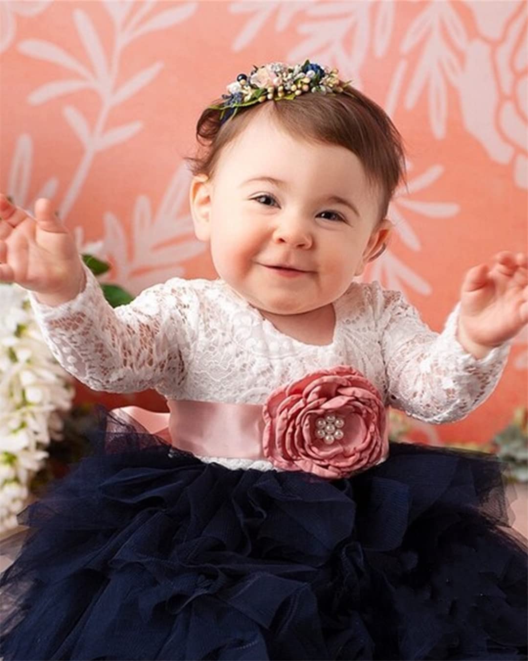 2Bunnies Girl Peony Lace Back A-Line Tiered Tutu Tulle Flower Girl Dress (Navy Sleeve Short, 6M)