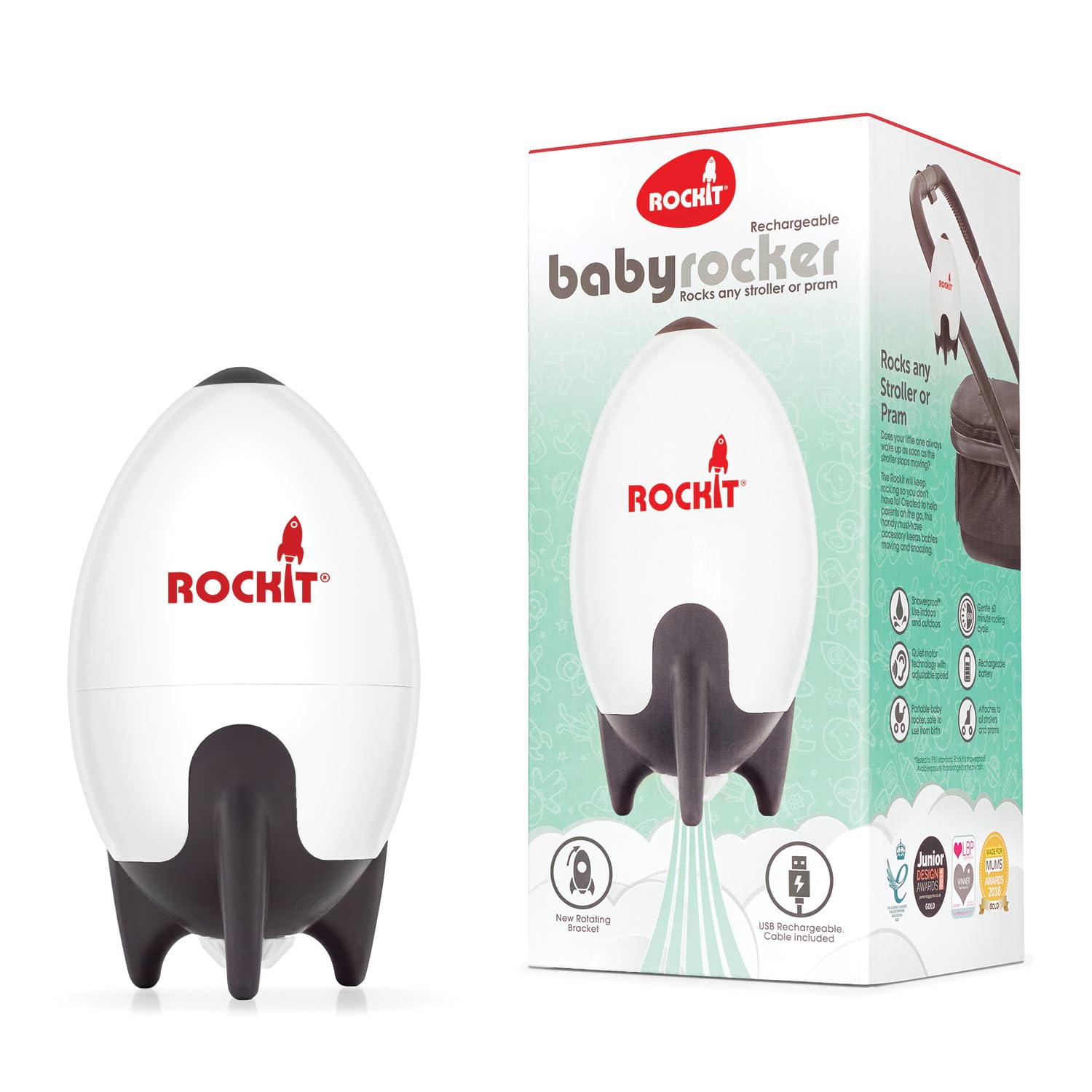 Rockit Baby Rocker USB Rechargeable - Hands-Free Portable Rocker Sleep Aid Soother Gently Rocks Stroller or Buggy - Adjustable S