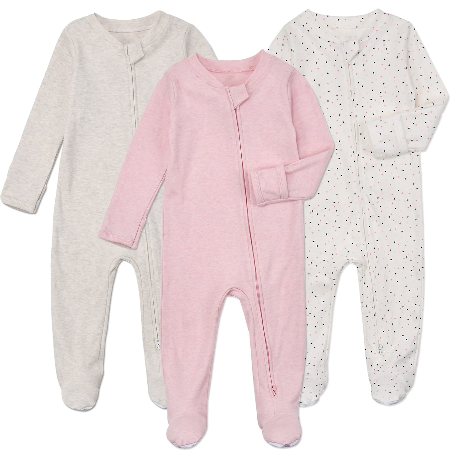 Aablexema Baby Footie Pajamas With Mittens - 3Pcs Infant Footed Sleeper Cotton Sleepwear Outfits(Grey Khaki/Dot/Pink, 0-3M)
