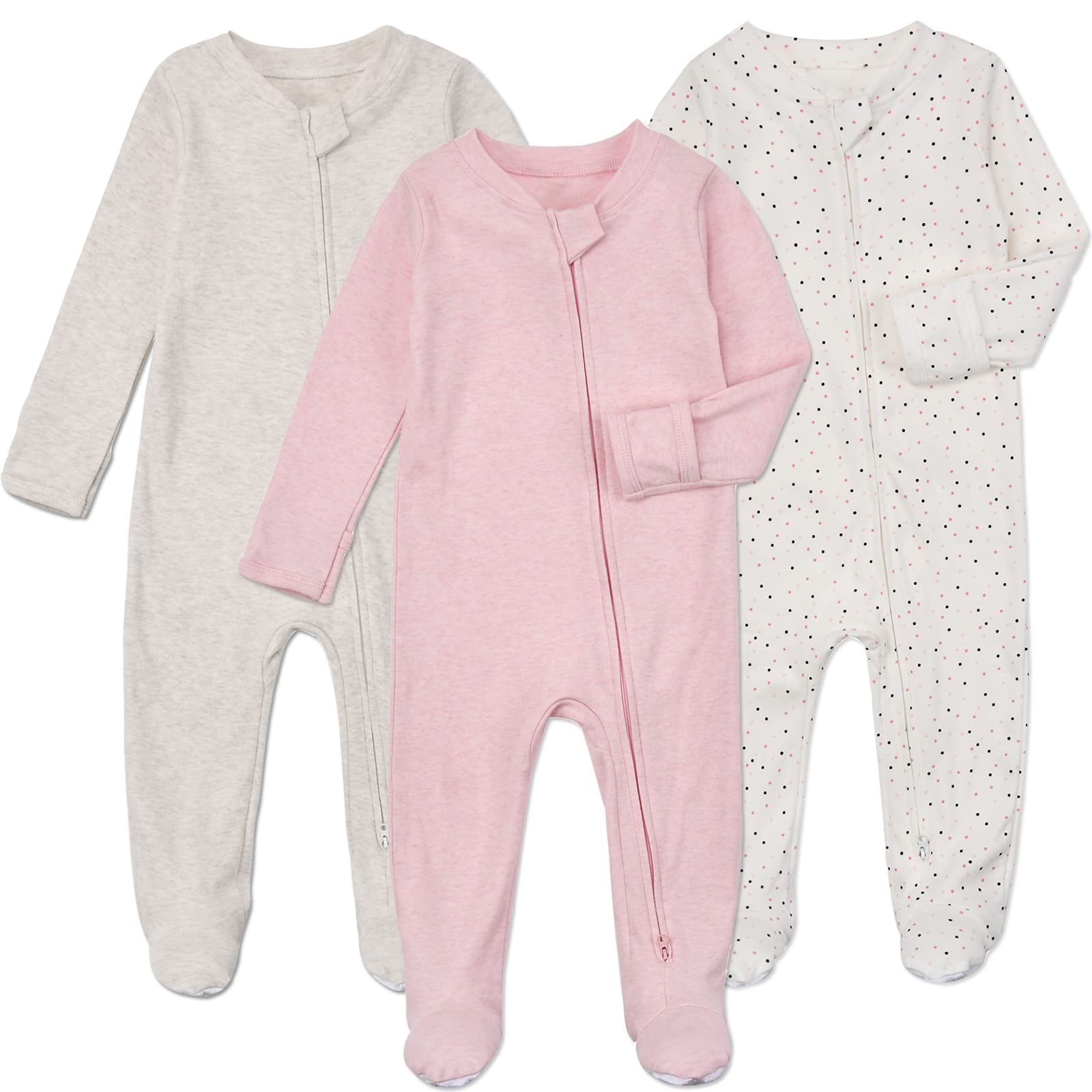 Aablexema Baby Footie Pajamas With Mittens - 3Pcs Infant Footed Sleeper Cotton Sleepwear Outfitsgrey Khaki/Dot/Pink, 3-6M