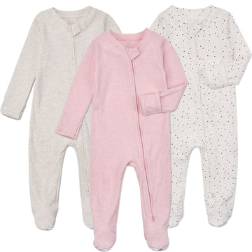 Aablexema Baby Footie Pajamas With Mittens - 3Pcs Infant Footed Sleeper Cotton Sleepwear Outfitsgrey Khaki/Dot/Pink, 3-6M