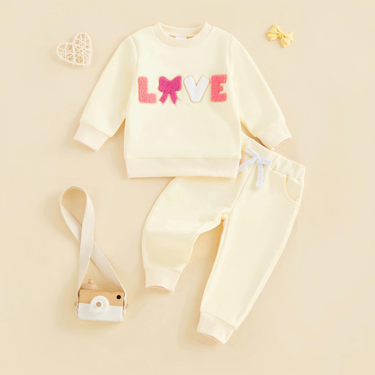 Socutebabe Baby Girl Valentines Day Outfit Bow Letter Long Sleeve Crewneck Sweatshirts Pants Fall Winter Clothes Set (Bow Letter