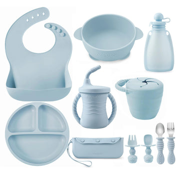 Pandaear Silicone Baby Feeding Set | 11Pcs Baby Led Weaning Supplies Self Feeding Utensils | Divided Suction Plate Bowl Bibs Sip