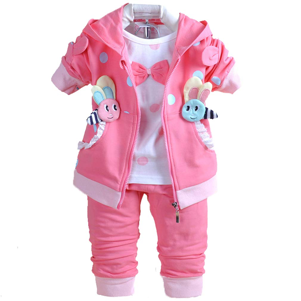 Yao 6M-4Y 3Pcs Baby Girl Casual Hoodie Jacket Cotton T-Shirt Pants Sweater (Hot Pink,6-12M)