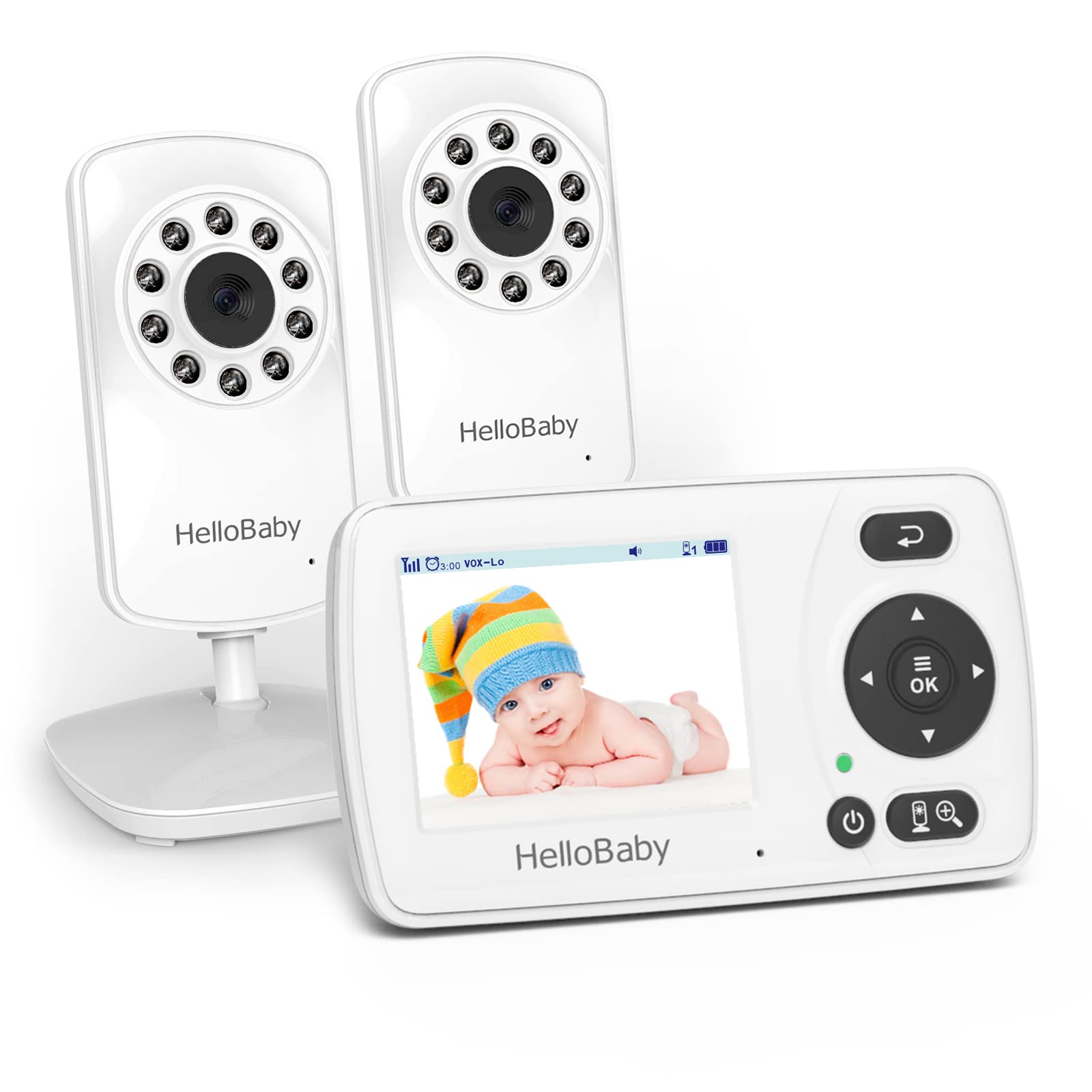 Hellobaby Monitor With 2 Cameras, 2.4'' Portable Travel Screen Baby Monitor No Wifi, 1000Ft Long Range Video Baby Monitor, Night