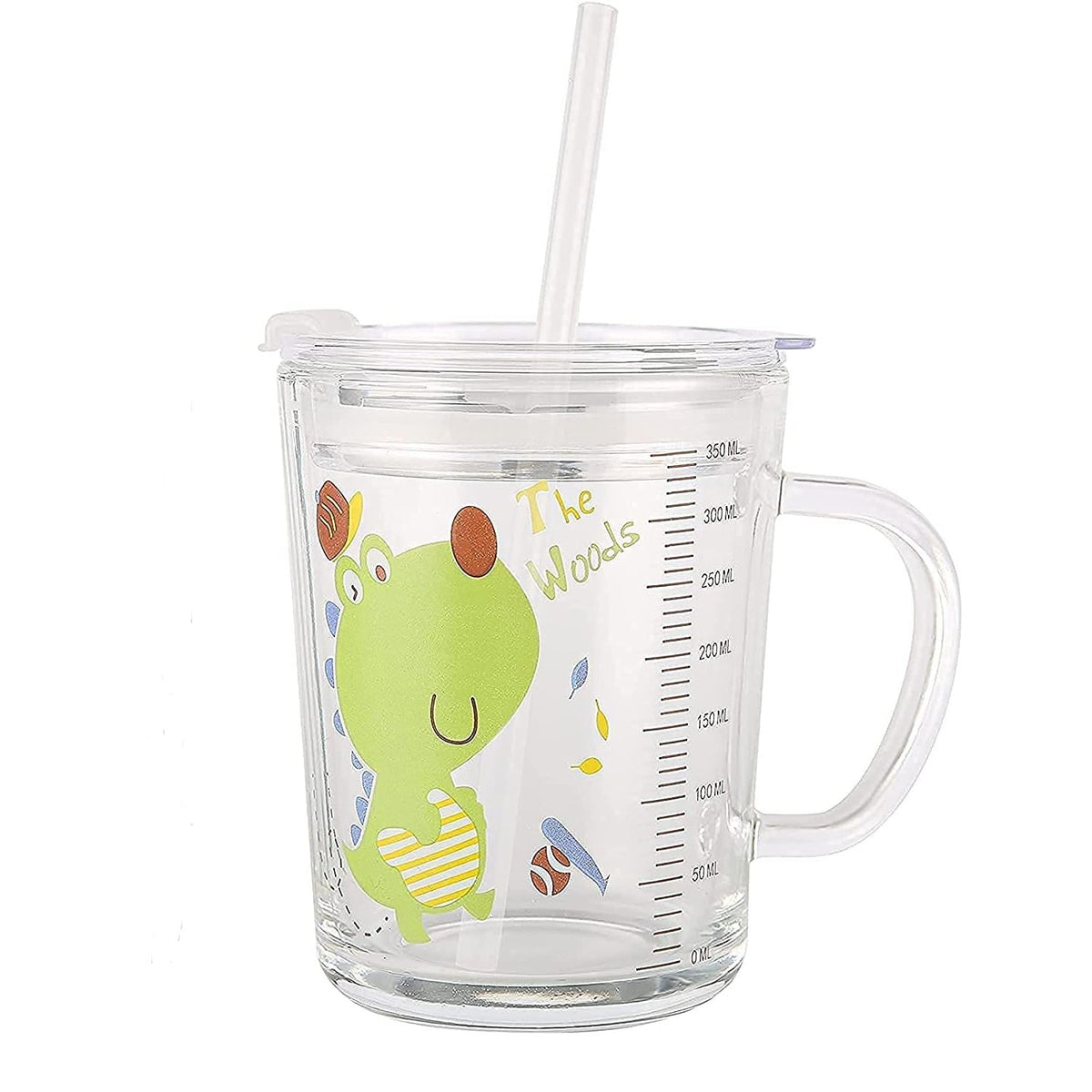 ROUMYKS Cartoon Print Milk Glass Cup for Kids with Handle, Spill Proof Lid & Reusable Silicone Straw, Heat Resistant Drinking Mu