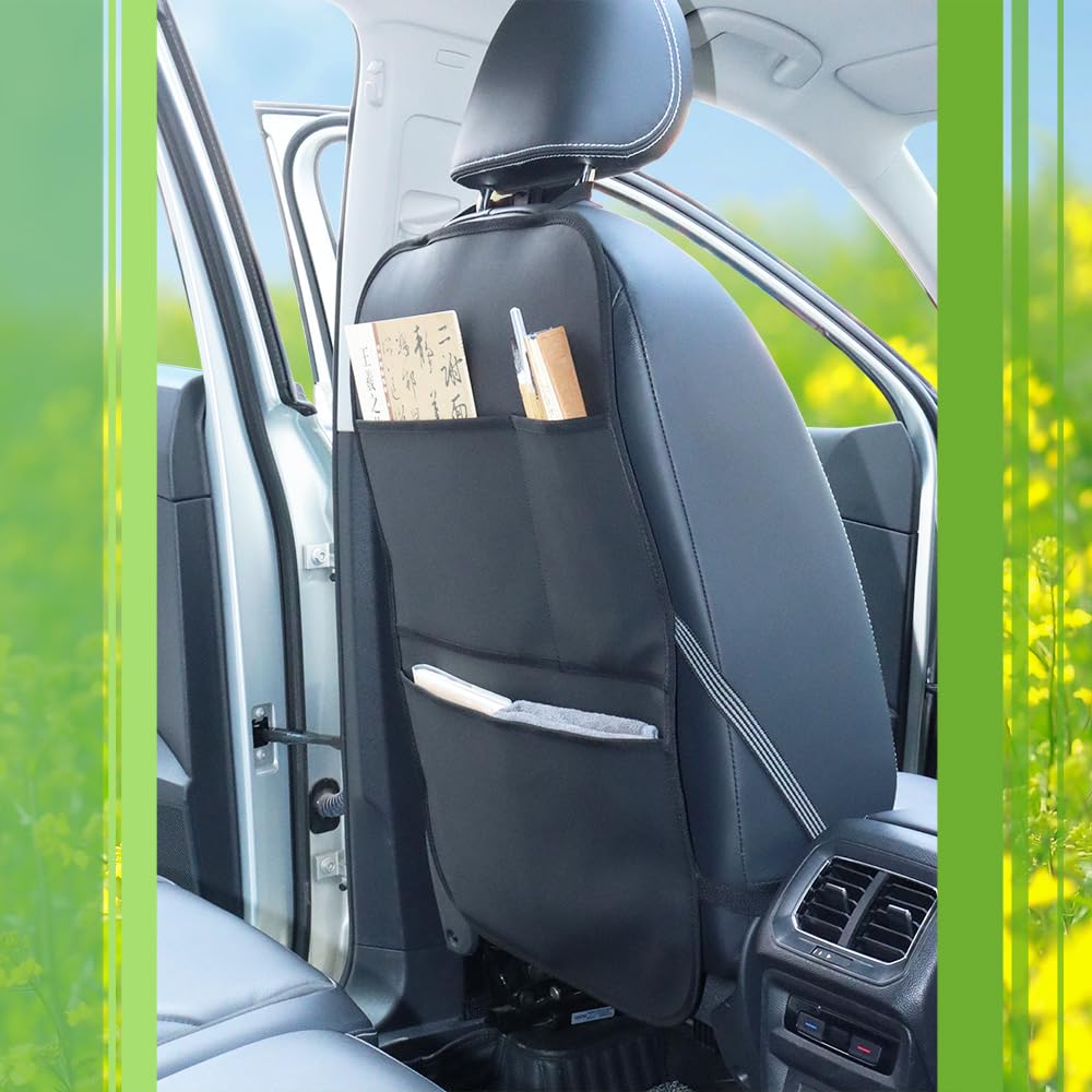 Pefirst Kick Mat Back Seat Protector Waterproof Leather Car Seat Back Organizers Cover With 3 Storage Pockets For Kids Pets Suv